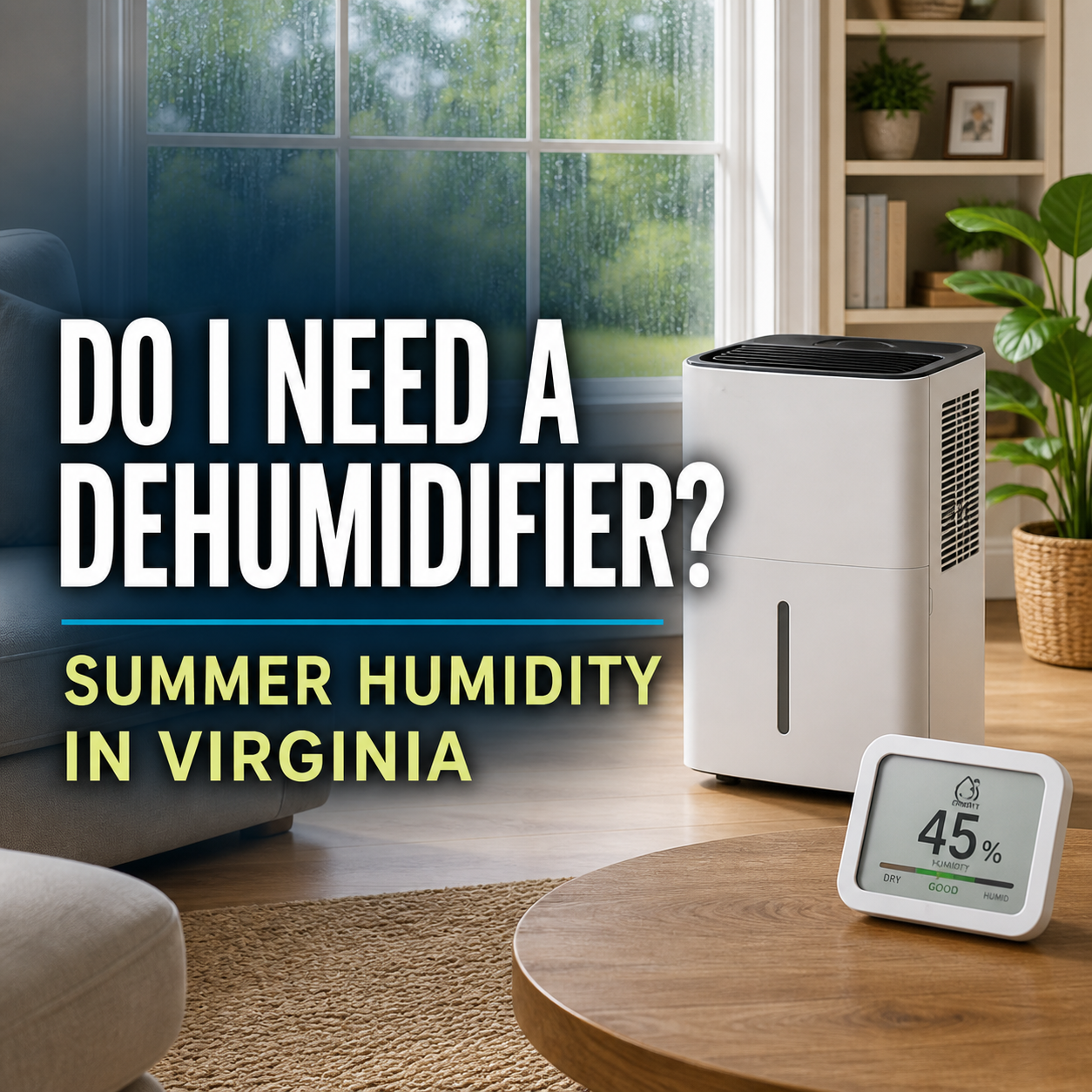 Dehumidifier in a bright home interior with text about summer humidity in Virginia.